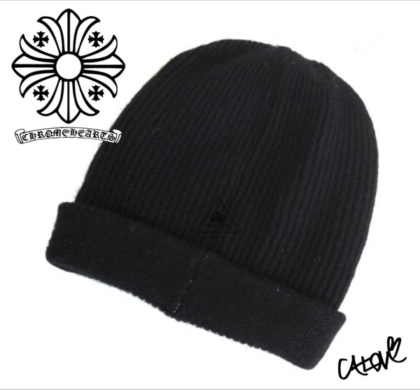 CHROME HEARTS 十クロムハーツ キャップ 偽物十【カシミアニット帽/ブラック&ホワイト】◆◆