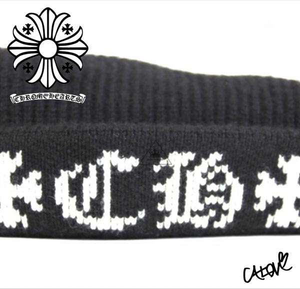 CHROME HEARTS 十クロムハーツ キャップ 偽物十【カシミアニット帽/ブラック&ホワイト】◆◆