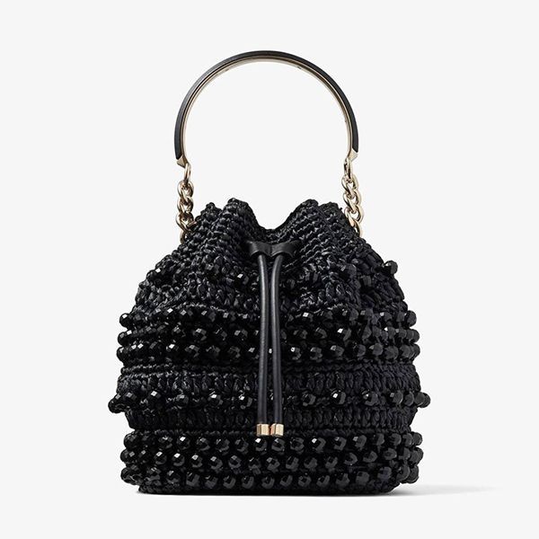 JIMMY CHOO 織りラフィア カーフスキン バケットバッグ 偽物 かごバッグ 3色 BONBONBUCKETRIC